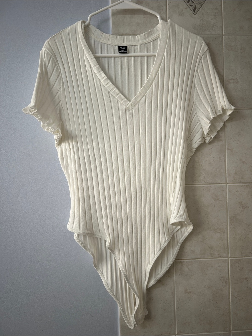 SHEIN Cream Ribbed V-Neck Short Sleeve Bodysuit
